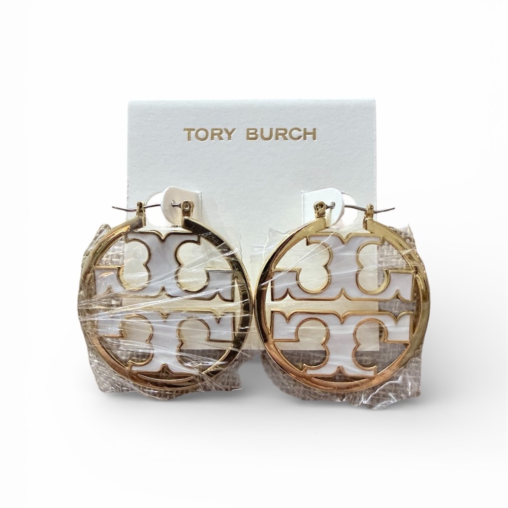 Tory Burch Gold and white Logo Hoop Earrings